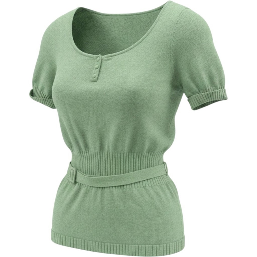 Tailor B Moss Women Sage Green Short Sleeve Belted Knit Henley Top Size S